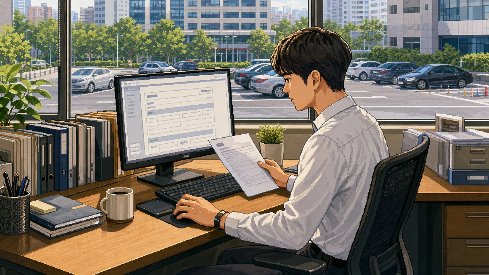 모니터의 온라인 신청 화면과 서류를 확인하는 직원 일러스트