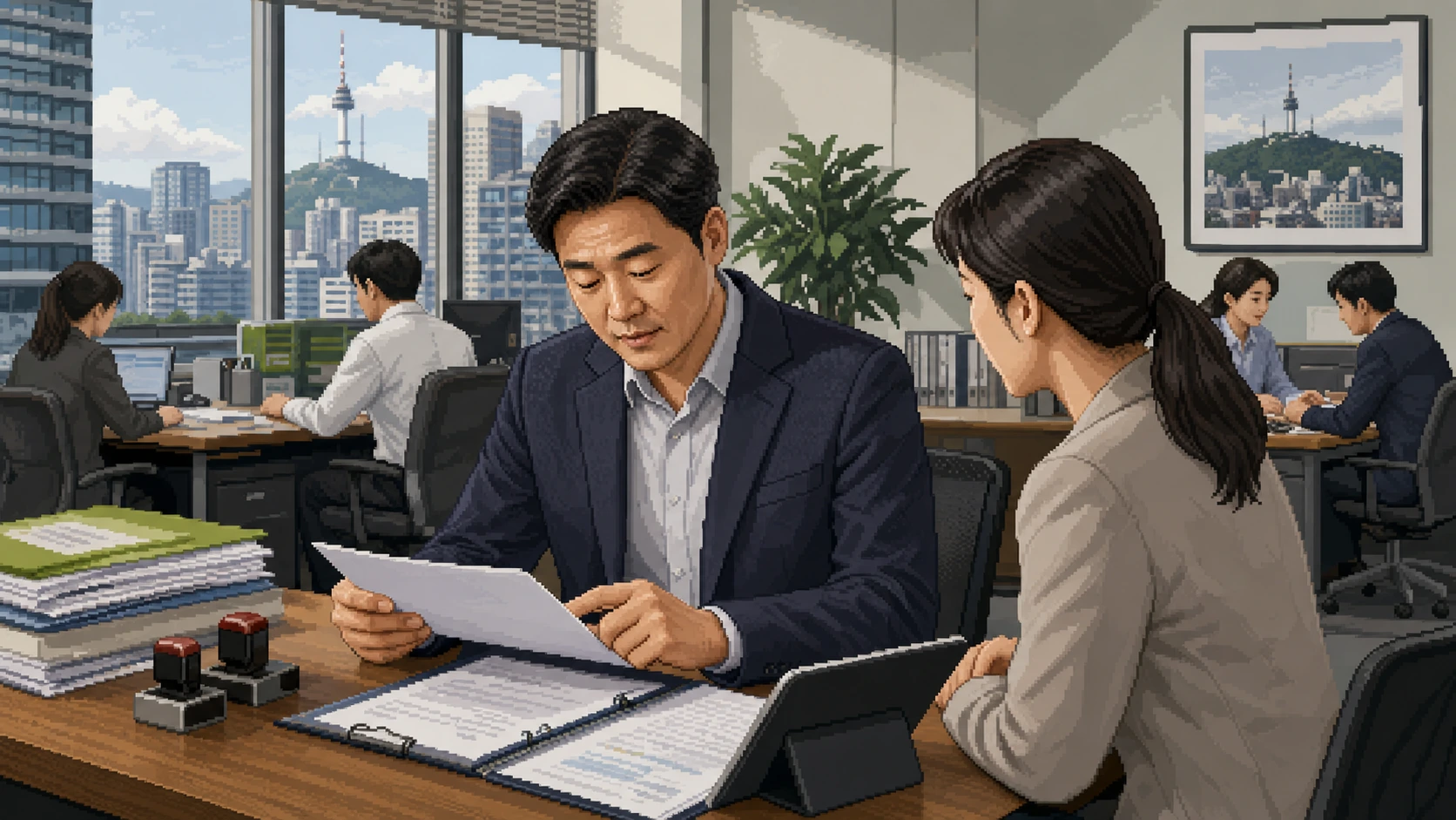 운송사업 허가 서류를 검토하는 사업자 일러스트