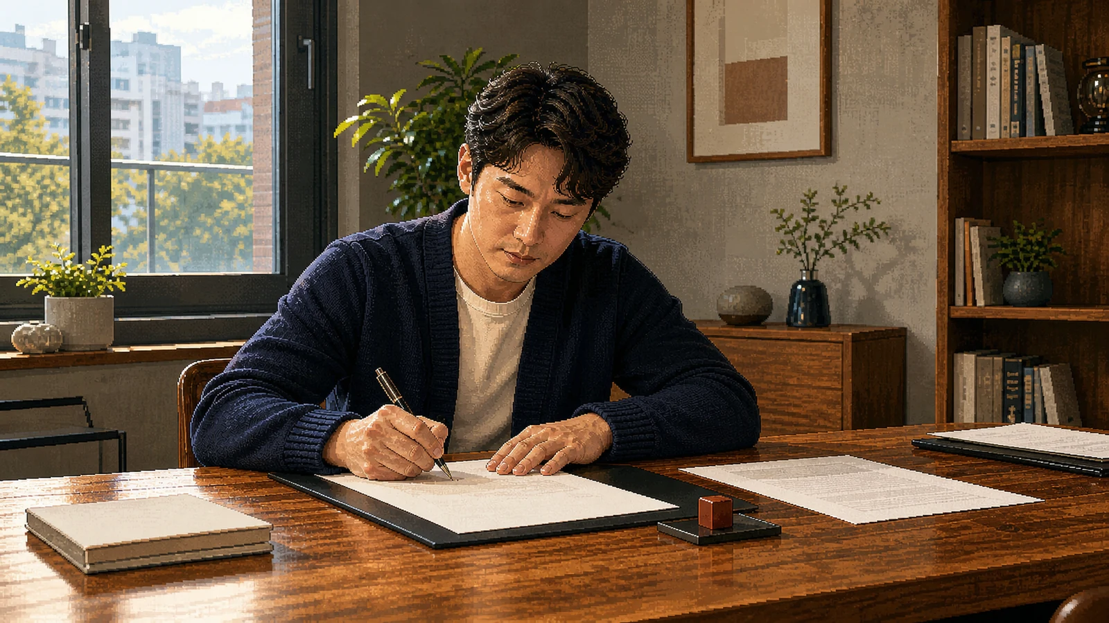 공동명의 합의 서류에 서명하는 모습