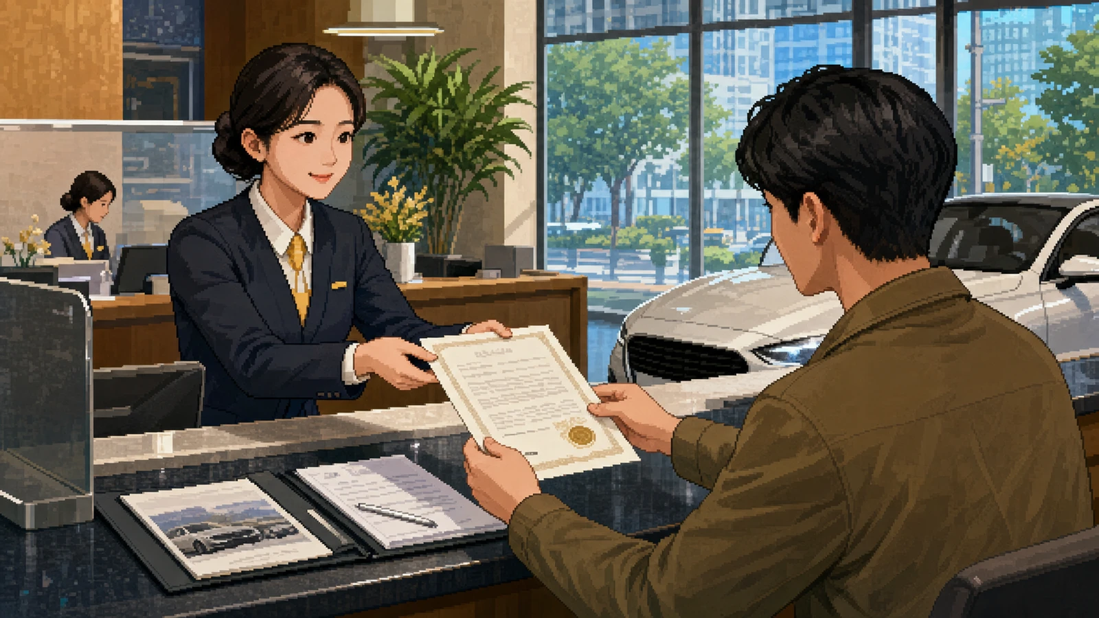 국민은행 카운터에서 자동차 공채 매입 처리하는 장면