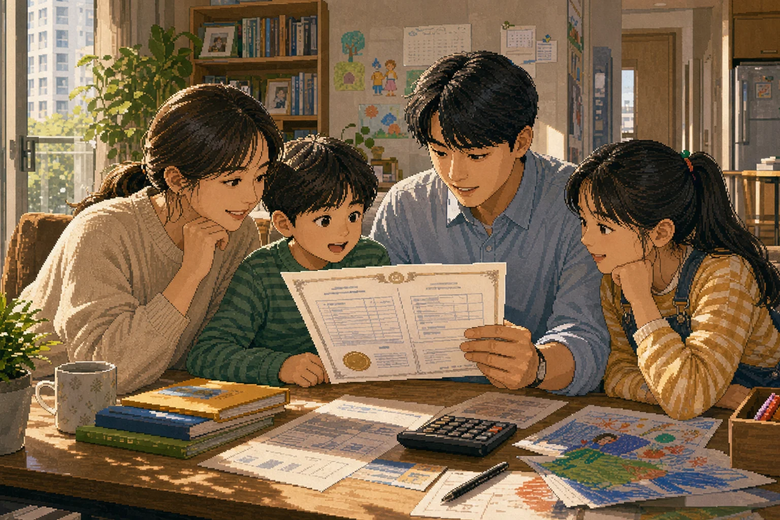 다자녀 감면 신청서를 함께 살펴보는 가족