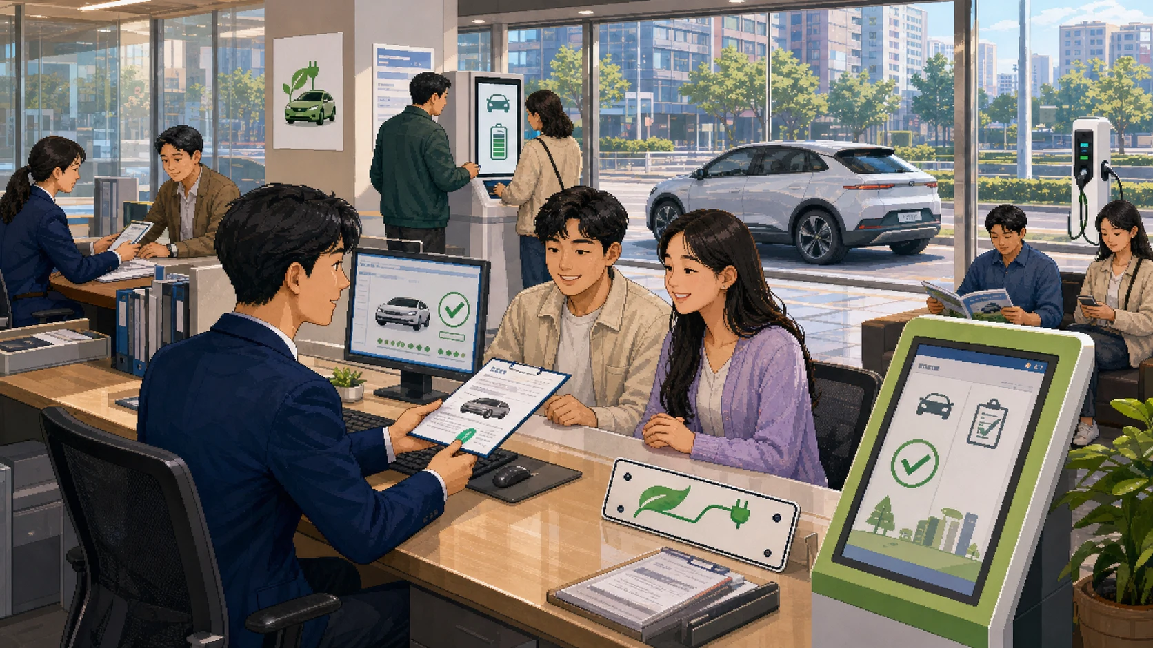 전기차 등록 사업소에서 신규 등록과 세금 감면을 처리하는 장면