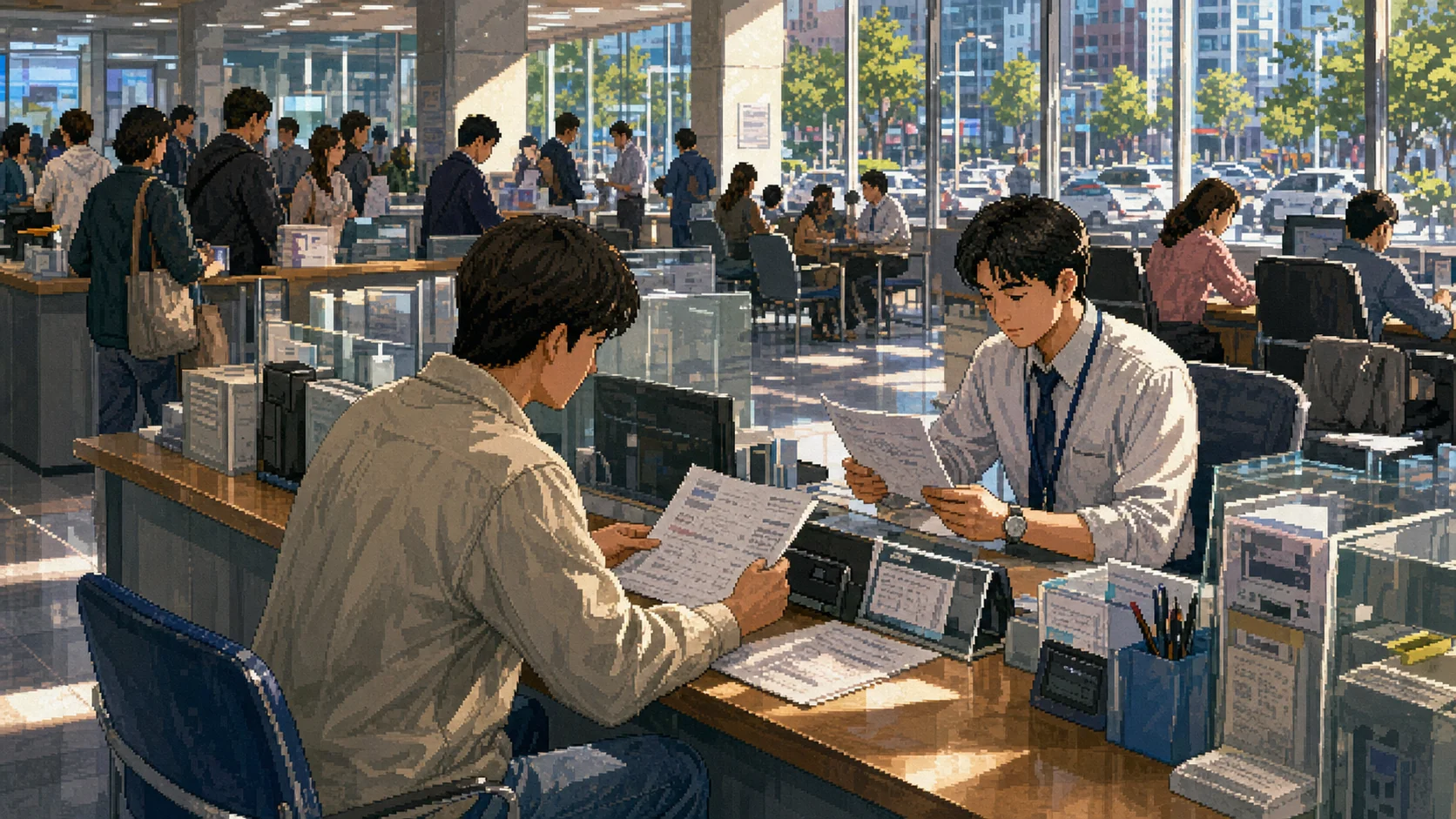 차량등록사업소 창구 앞에서 번호표를 들고 기다리는 모습