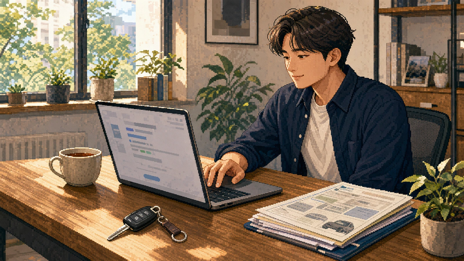 안전하게 구매한 중고차의 명의이전을 노트북으로 신청하는 모습